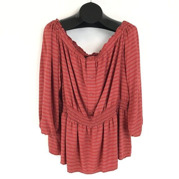 Lane Bryant Off-The-Shoulder Blouse Women's Plus Size 22/24 Smocked Buttons Boho - Picture 1 of 12